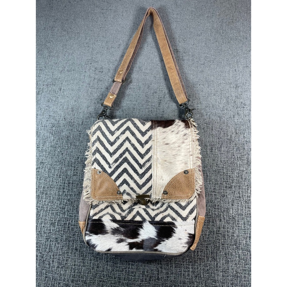 Myra Bag Cowhide Canvas Chevron Crossbody Bag Western Boho Messenger Brown Black